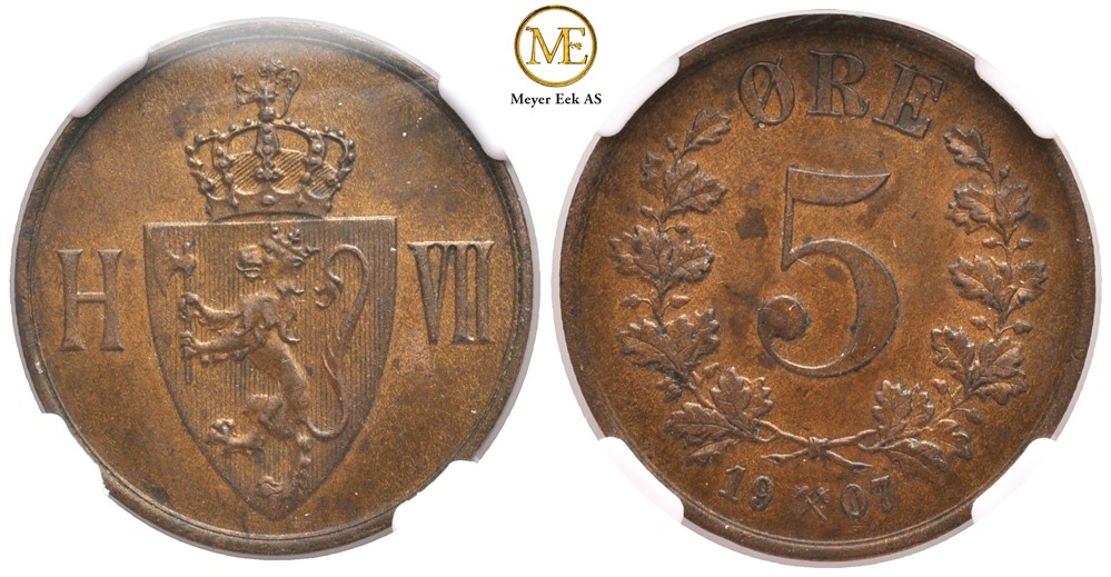 5 øre 1907 Haakon VII. Kv.0/01