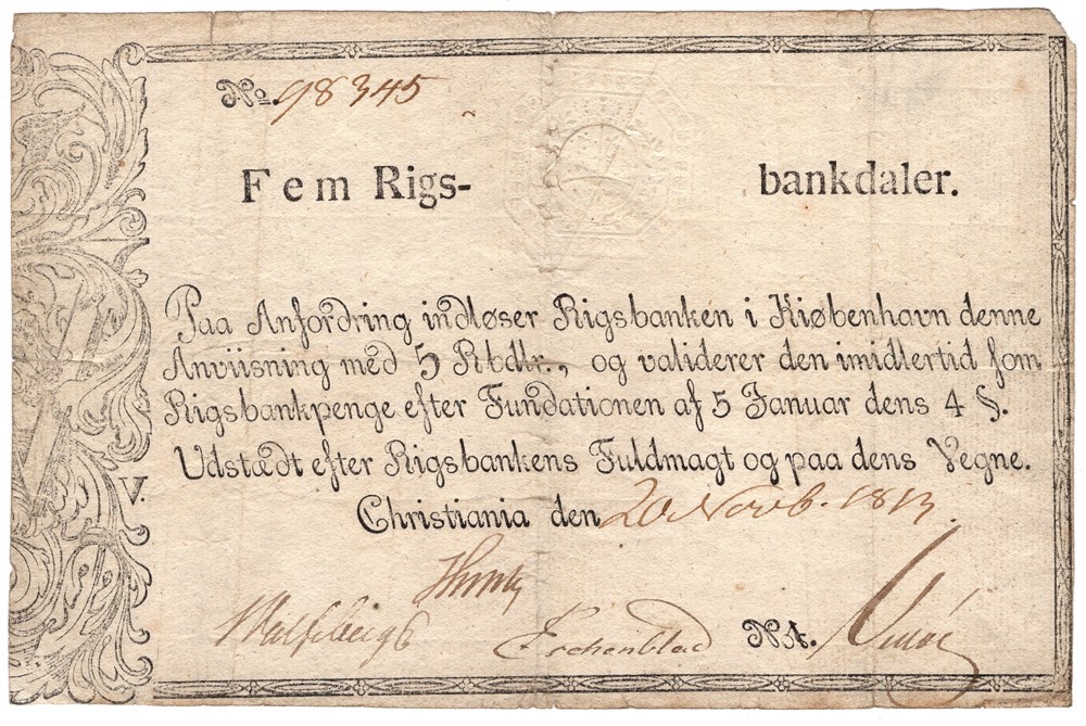 5 Rigsbankdaler Christiania 20. November 1813. Kv.1