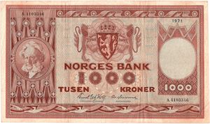 1000 kroner 1971 A.4103346. Kv.1/1+