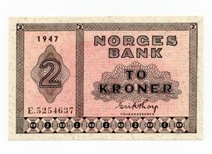 2 kroner 1947 E ex. Skilling