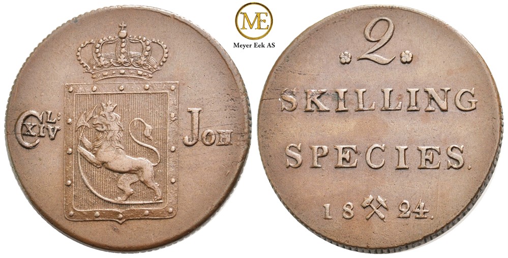 2 skilling 1824 Carl XIV Johan. Kv.0