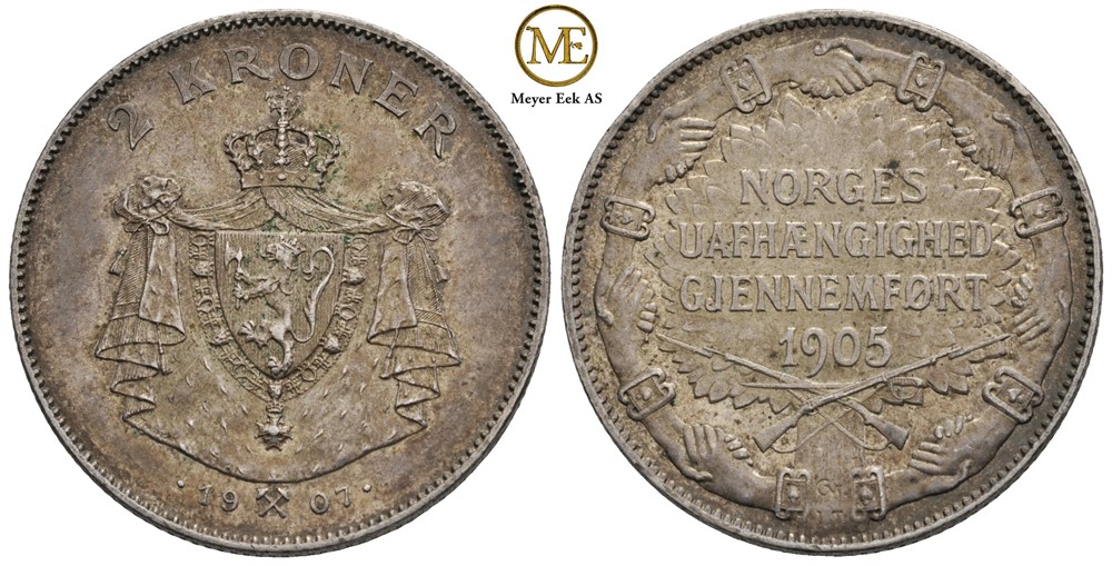 2 kroner 1907 Jub. m/gevær. Kv.01