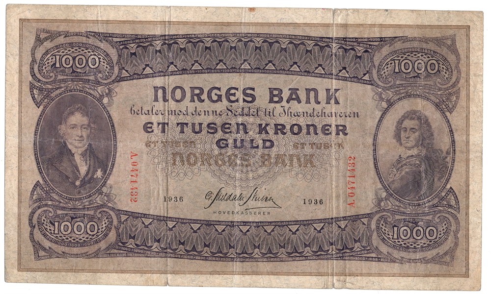 1000 kroner 1936 A.0471432. SSS-seddel. Kv.1-