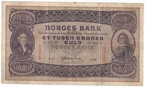 1000 kroner 1936 A.0471432. SSS-seddel. Kv.1-