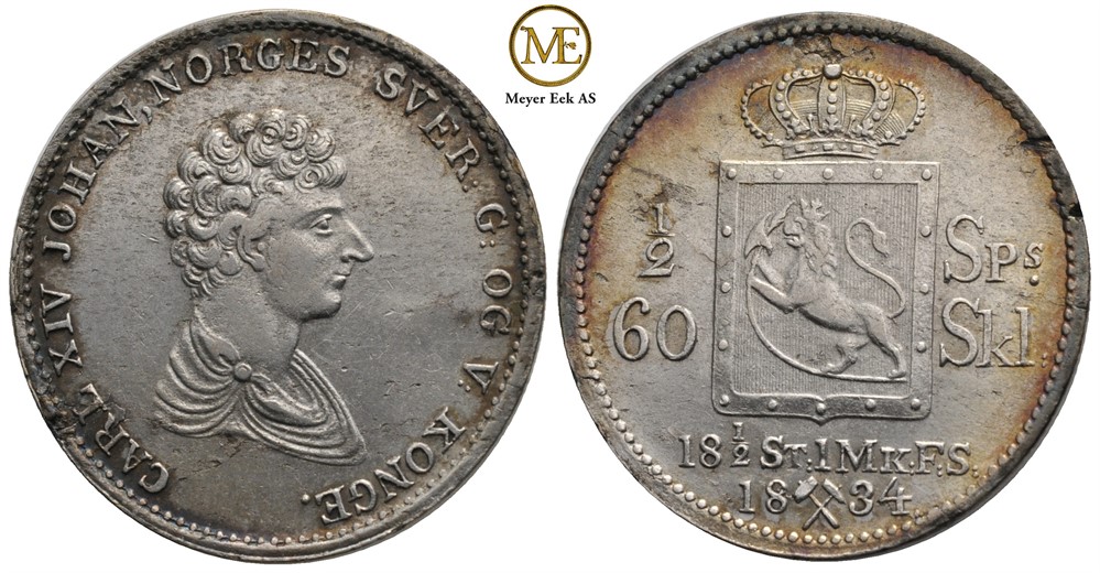 1/2 speciedaler 1834 Carl XIV Johan.  Kv.1+/01
