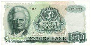 50 kroner 1972 X.3074965. Erstatningsseddel. R-seddel. Kv.01
