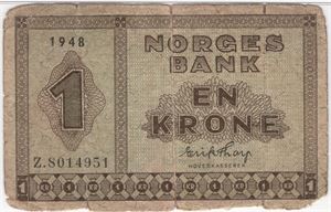 1 krone 1948 Z.8014951. Erstatningsseddel. Svært sjelden. Kv.1-/2