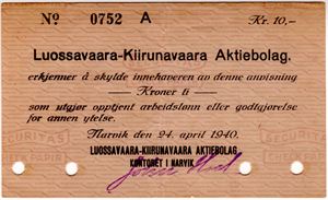 Luossavaara Kirunavaara Aktiebolag 10 kroner med 4 hull Kv.1+