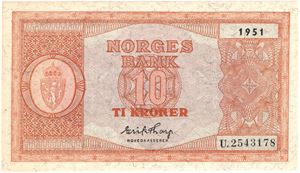 10 kroner 1951 U.2543178. Kv.0