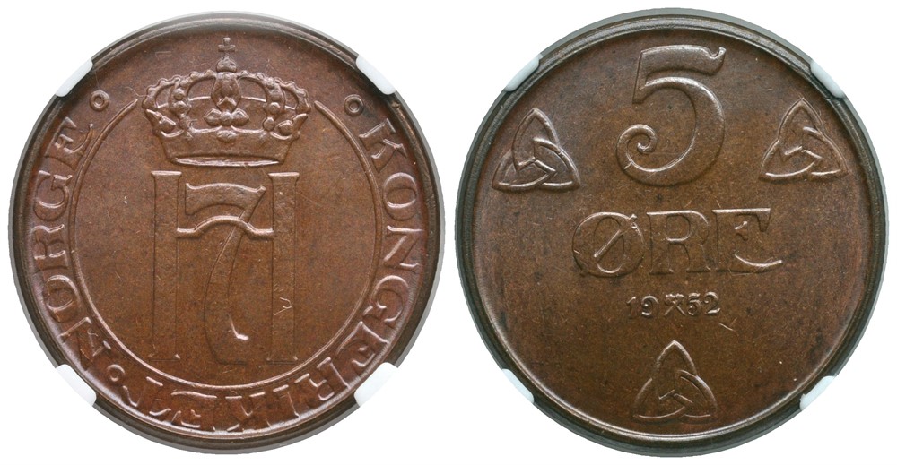 5 øre 1952 Haakon VII. Kv.0