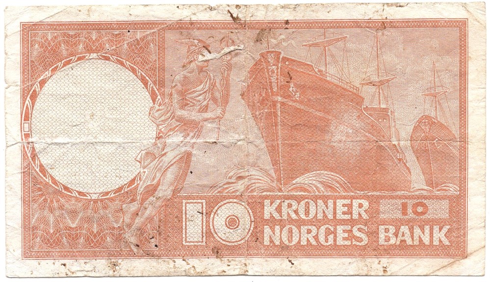 10 kroner 1968 R. Variant med grønt serienummer, underskrift og årstall