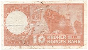 10 kroner 1968 R. Variant med grønt serienummer, underskrift og årstall