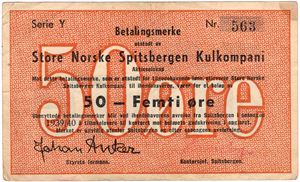 50 øre 1939/40. Serie Y. SNSK. RRR-seddel. Kv.1