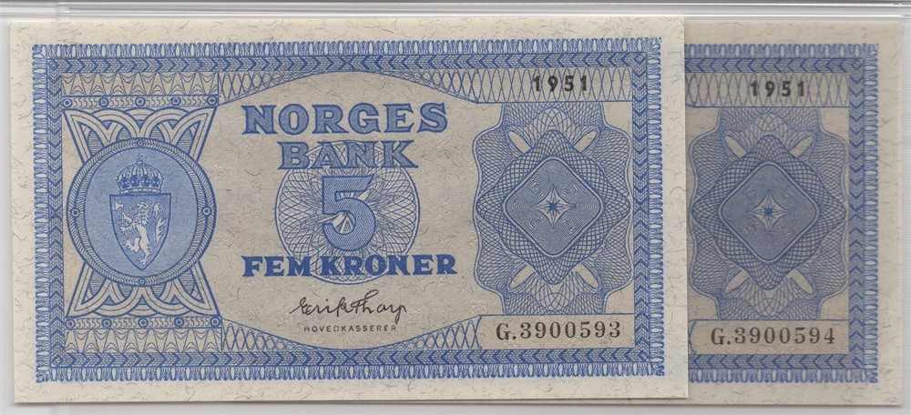 5 kroner 1951 G. i serie. Kv.0