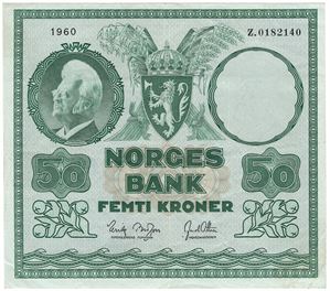 50 kroner 1960 Z. Erstatningsseddel. Svært sjelden. Kv.1