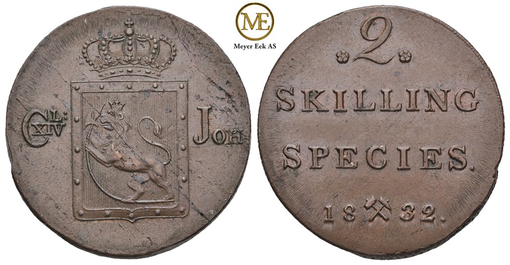 2 skilling 1832 Carl XIV Johan. Kv.0