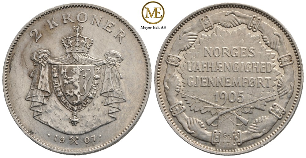 2 kroner 1907 Jub. m/gevær. Pusset. Kv.01