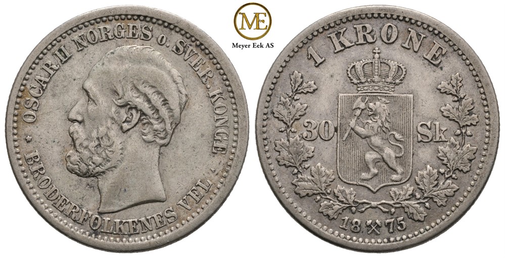 1 krone/30 skilling 1875 Oscar II. Kv.1+