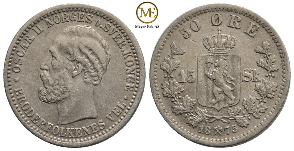 50 øre/15 sk. 1875 Oscar II. Kv.1+