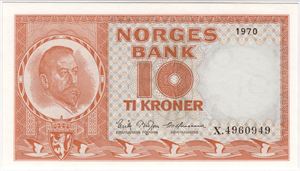 10 kroner 1970 X. Erstatningsseddel. 65 EPQ. Kv.0