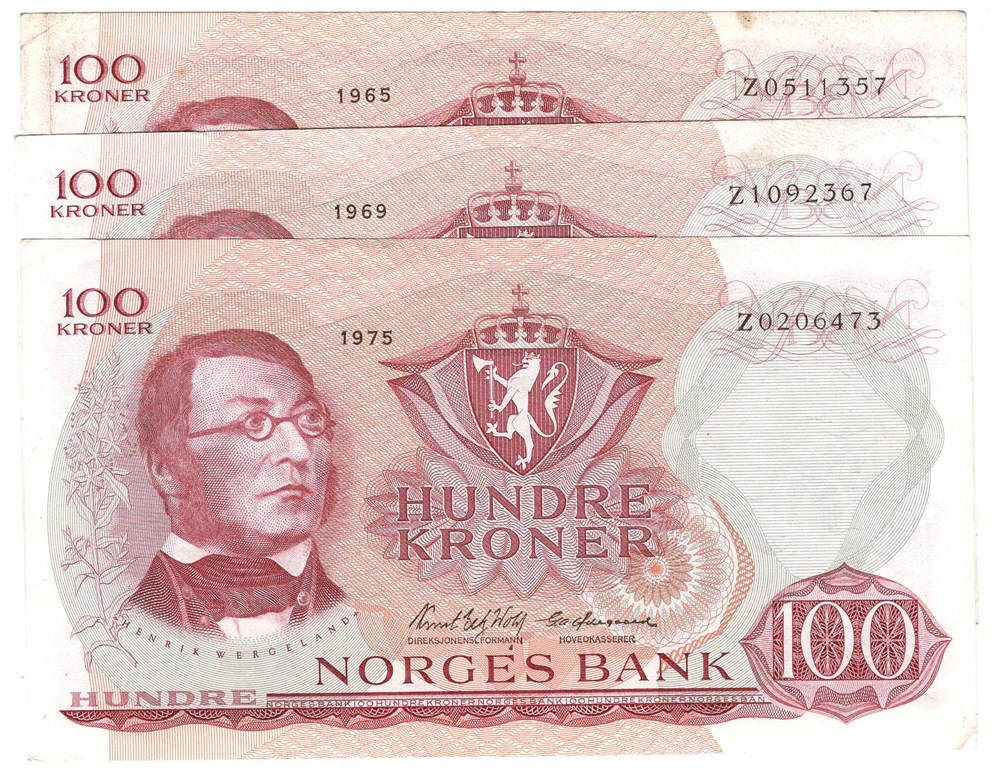 Lot. 100 kroner erstatningssedler. 1965-1975.Z. VK