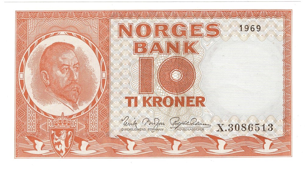 10 kroner 1969 X.3086513 erstatningsseddel. Kv.0/01
