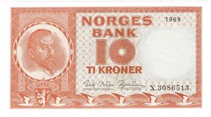 10 kroner 1969 X.3086513 erstatningsseddel. Kv.0/01