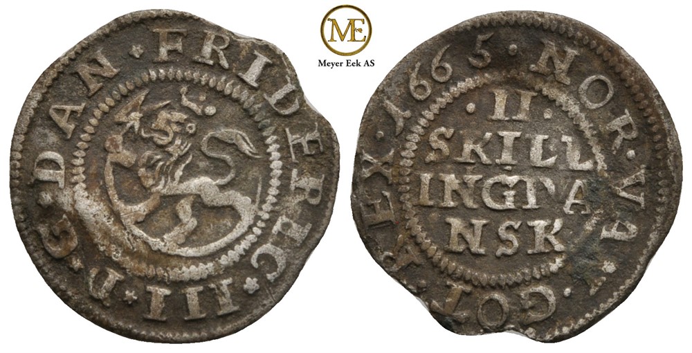 2 skilling 1665 Frederik III. NMD.224. Kv.1/1+