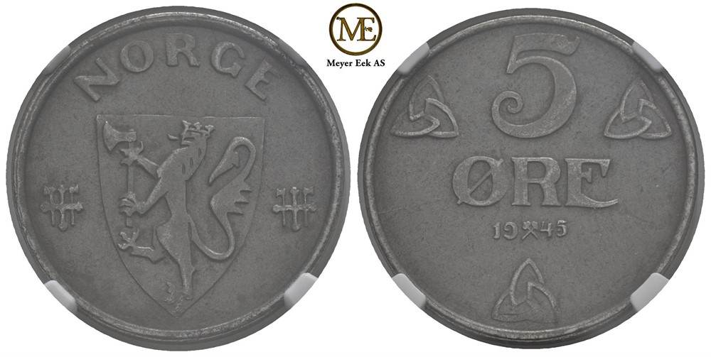 5 øre 1945 jern Haakon VII. Kv.01