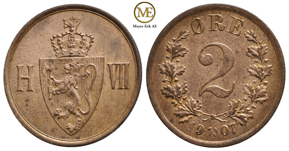 2 øre 1907 Haakon VII. Kv.0