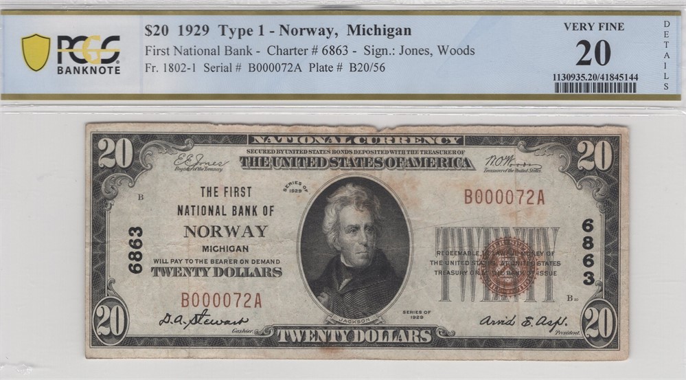 20 dollar The first national bank of Norway. Kv.1