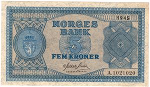 5 kroner 1945 A.1021020. Kv.0