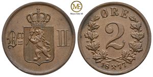 2 øre 1877 Oscar II. Kv.0