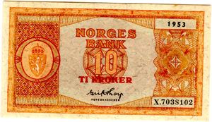10 kroner 1953 X Ex. Stave Olsen Kv.0/01