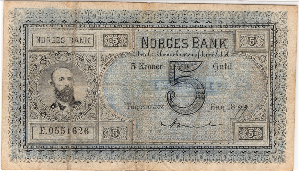 5 kroner 1899 E.0551626 Oscar II. Sign. Arnet. SS-Seddel Kv.1