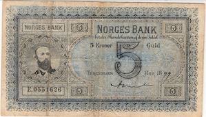5 kroner 1899 E.0551626 Oscar II. Sign. Arnet. SS-Seddel Kv.1