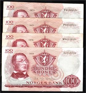 100 kroner lott 1969-72, 4 stk kv. VK