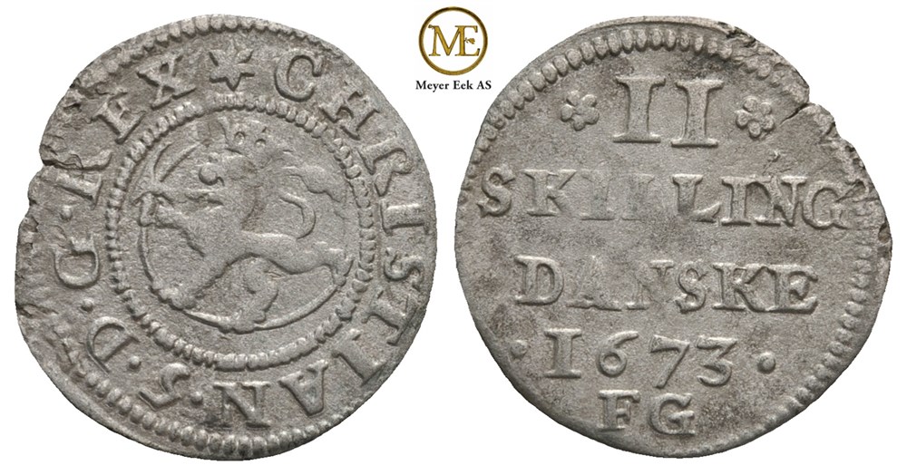 2 skilling 1673 Christian V. Kv.1+
