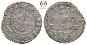 2 skilling 1673 Christian V. Kv.1+