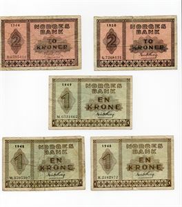 Lot sedler: 1 krone 1948 K,M, 1949 M 2 kroner 1944 D og 1950 G