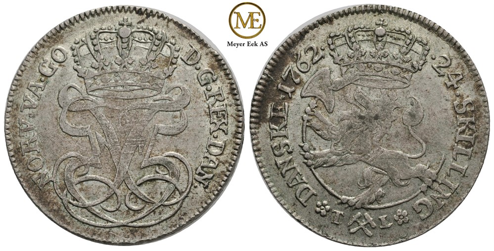 24 skilling 1762 Frederik V. Ex. Bruun Rasmussen 2016. NDM.19. Kv.01