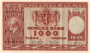 1000 kroner 1949 A.0490076. Kv.1+