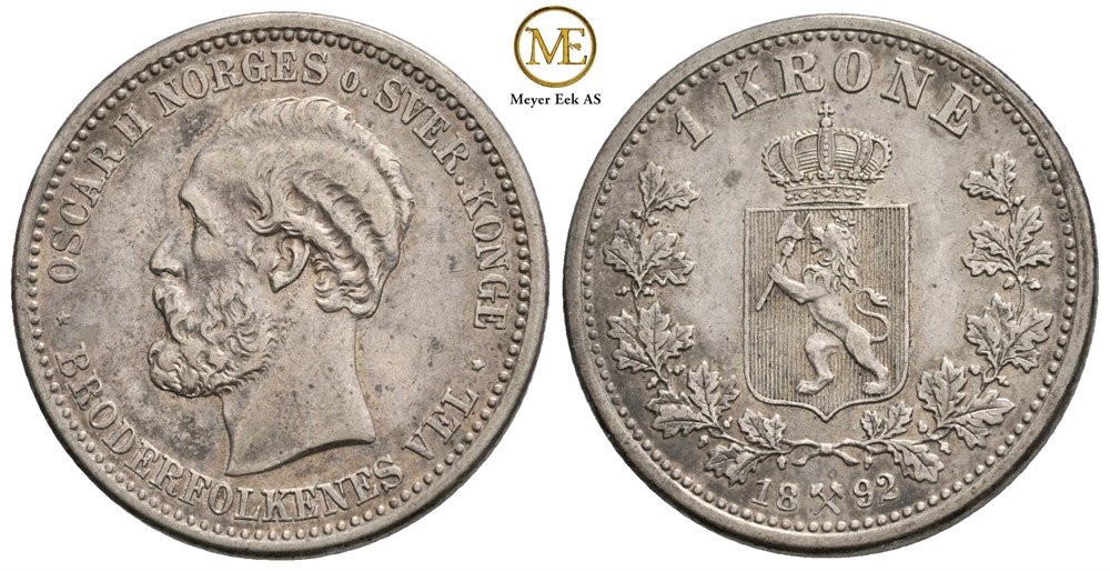 1 krone 1892 Oscar II. Kv.1+/01