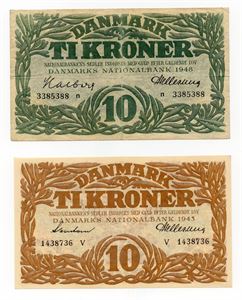 Danmark lot 10 kr 1943 V og 1948 n