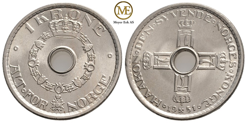 1 krone 1951 Haakon VII. Kv.0/prakt