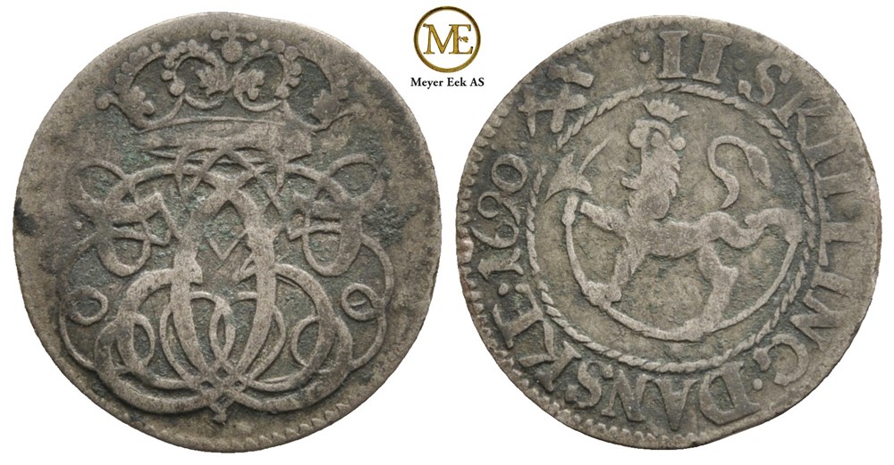 2 skilling 1690 Christian V. Kv.1/1+