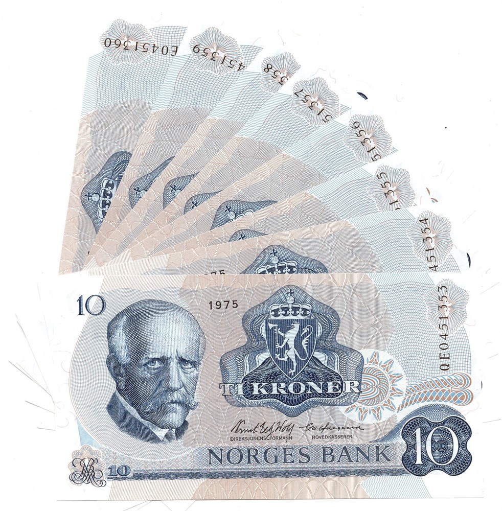 10 kroner 1975 QE. 8 stk. i serie. Kv.0