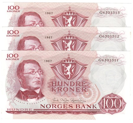 100 kroner 1967 G.6301511-13 i serie. Usirkulert