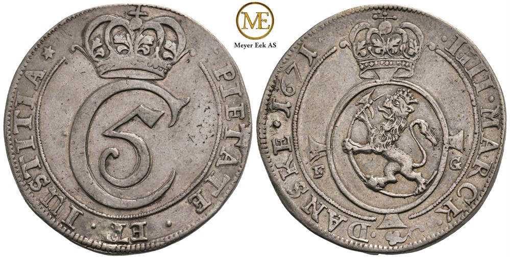 4 mark 1671 Christian V. Kv.1+