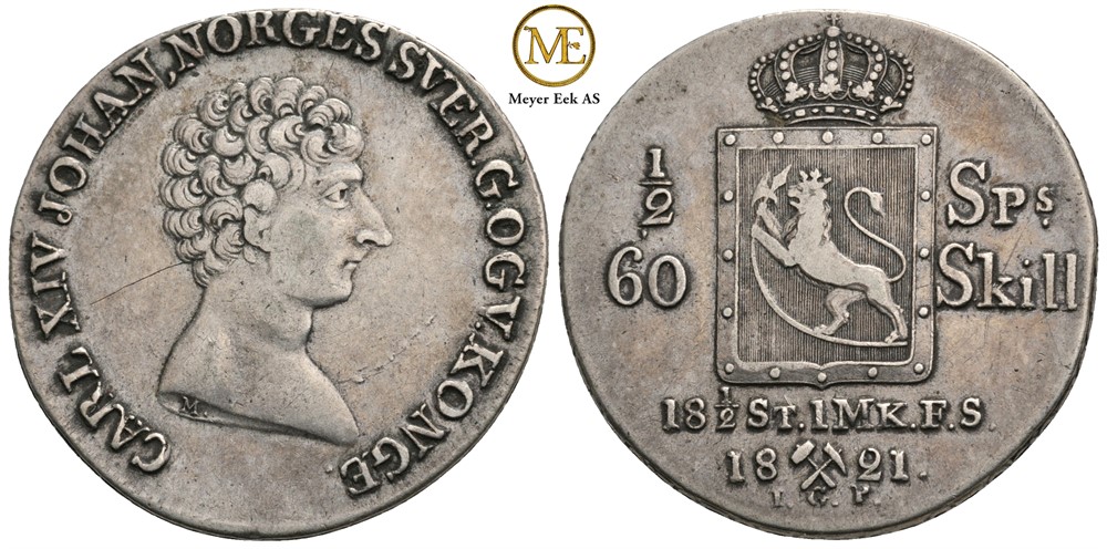 1/2 speciedaler 1821 Carl XIV Johan. Kv.1+